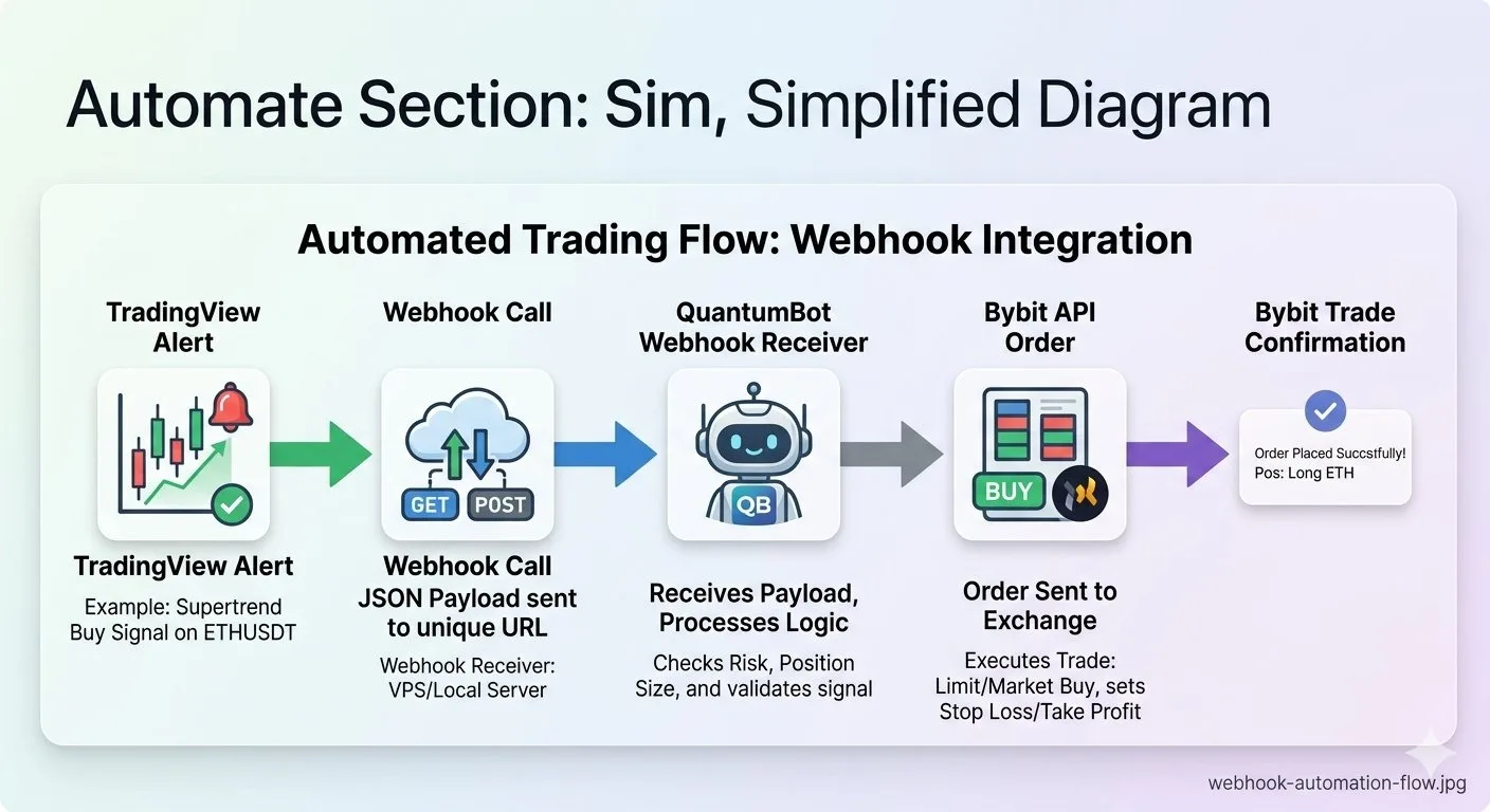 Automated trading flow: TradingView Alert to Webhook to QuantumBot to Bybit trade execution